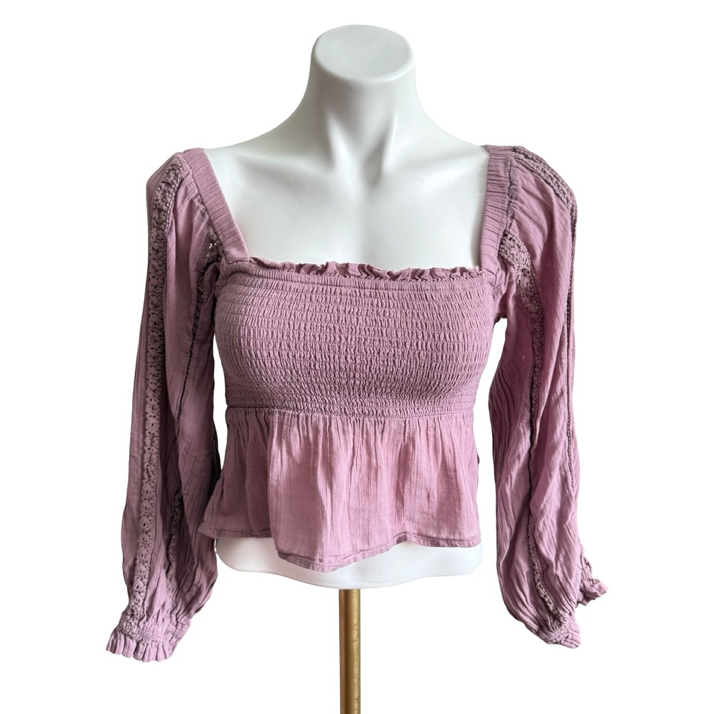 American Eagle Smocked Peplum Top Purple Cotton Lace Crop Y2K Cottagecore Small